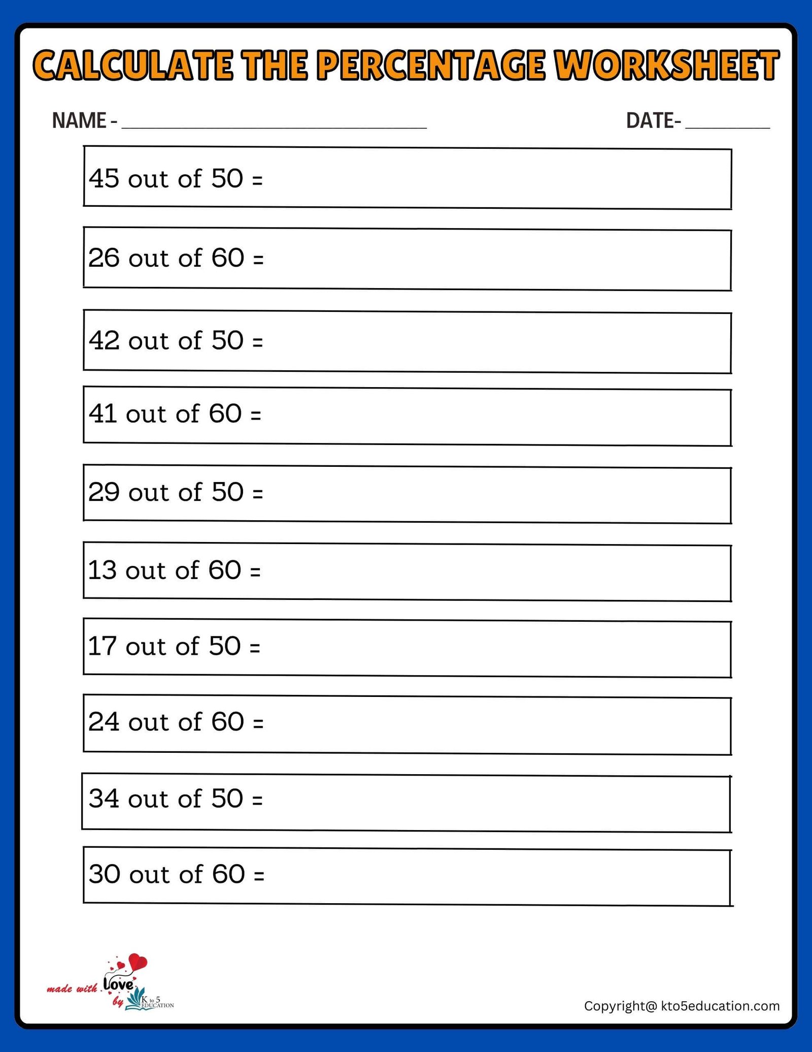 Calculate With Percentage 50 To 60 Worksheet