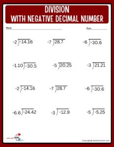 Division With Decimal Mixed Number Worksheet