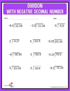Division With Decimal Negative Intergers Worksheet