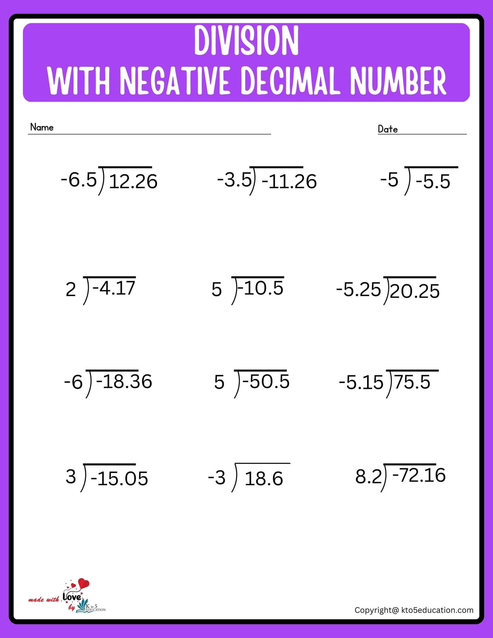 Division With Decimal Negative Intergers Worksheet