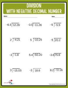 Division With Decimal Negative Number Worksheet