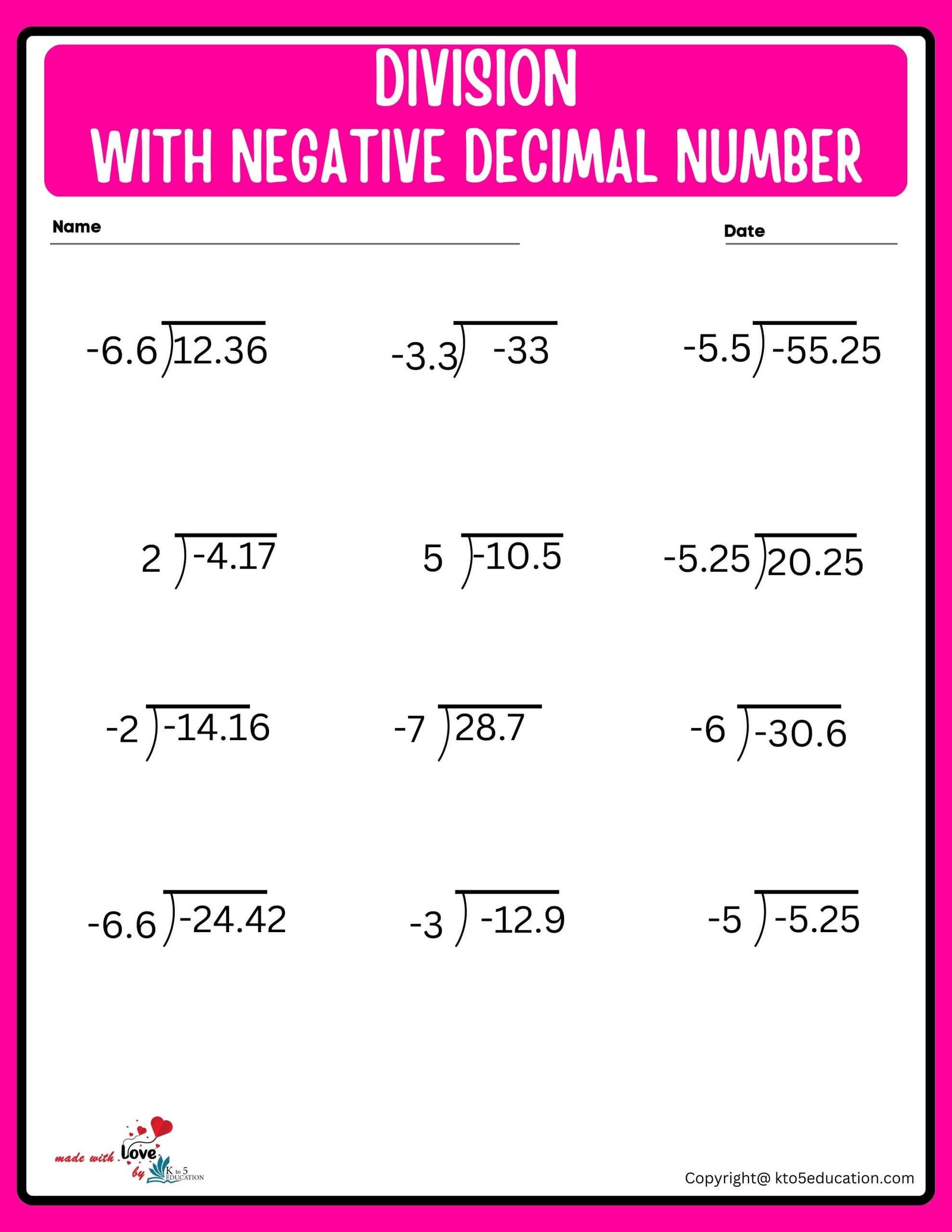 Division With Decimal Numbers Worksheet