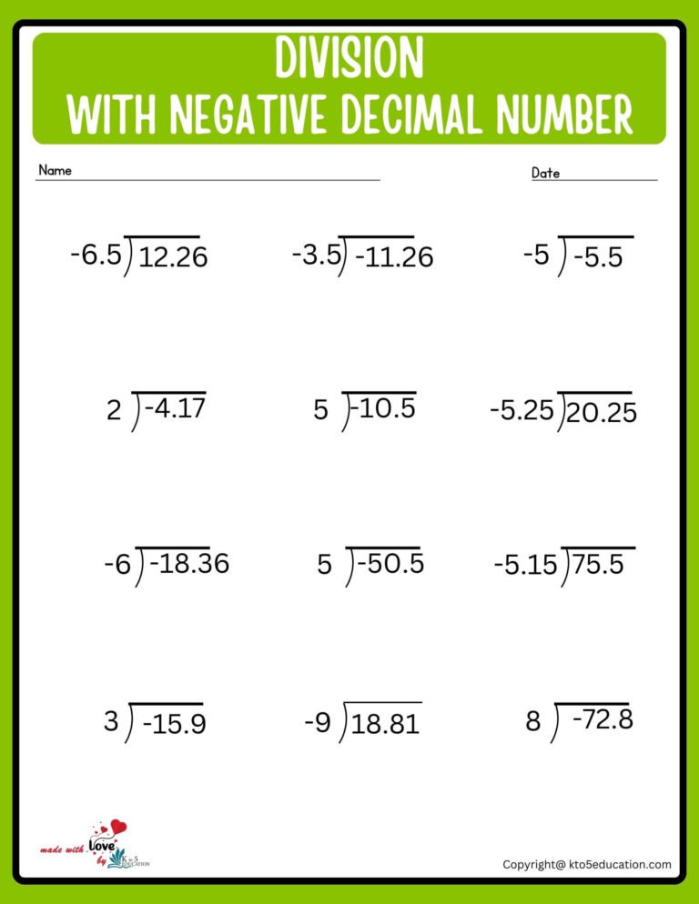 Division With Decimal Positive And Negative Number Worksheet | FREE Download