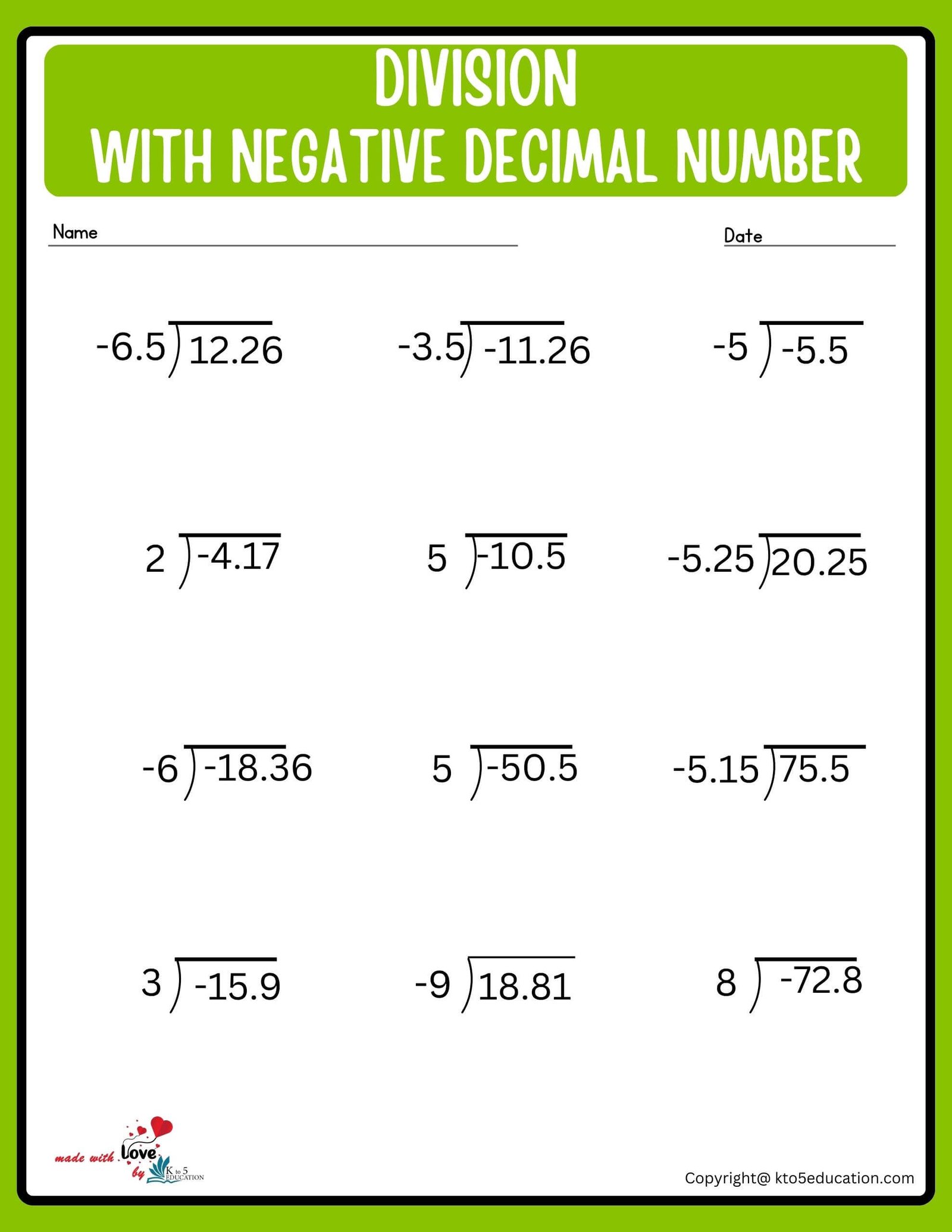 Division With Decimal Positive And Negative Number Worksheet