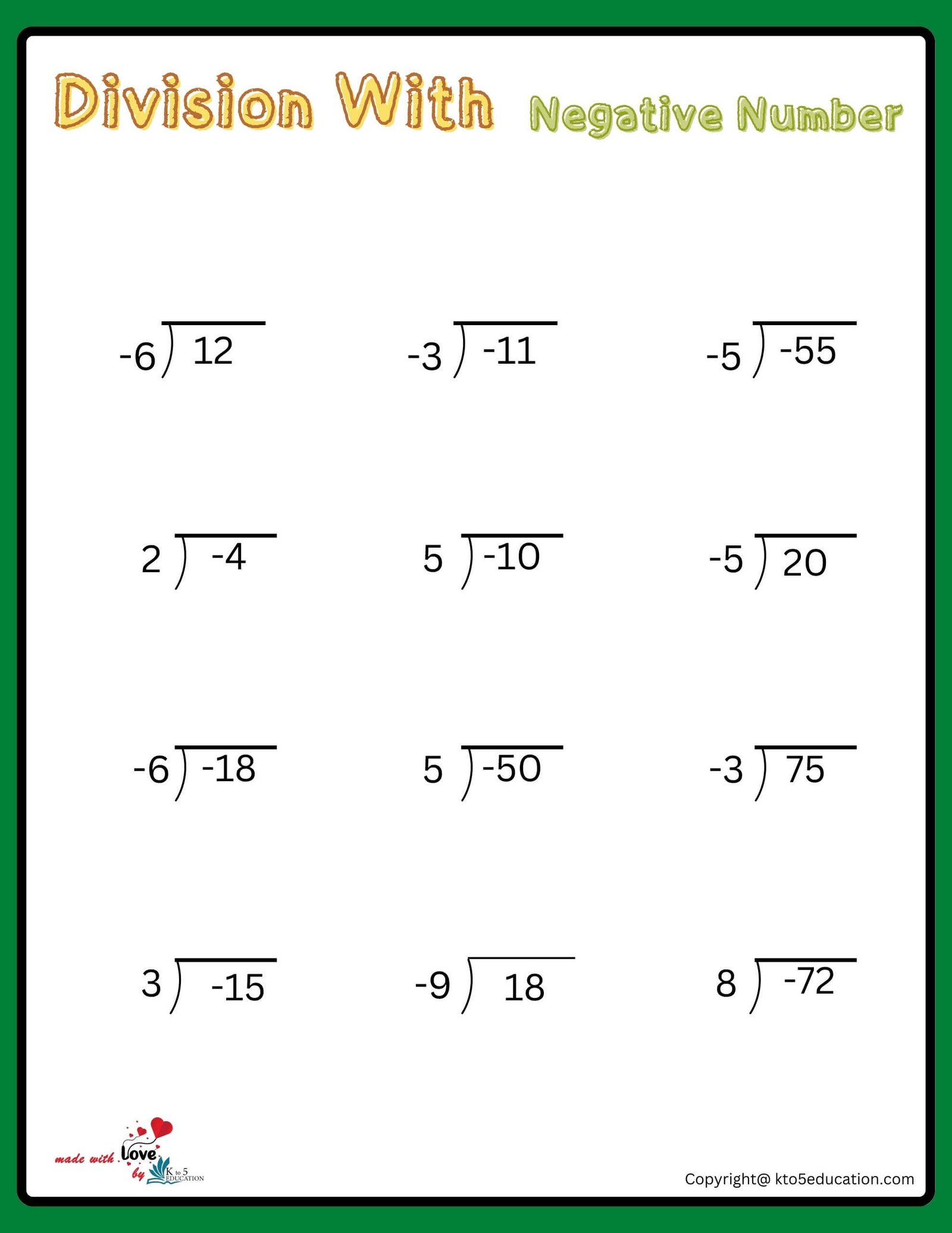 Division With Negative Number Worksheet