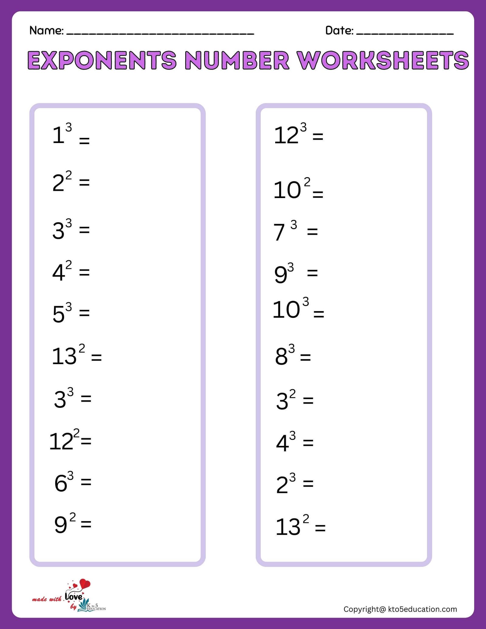 Exponents Worksheet For Second And Third Power