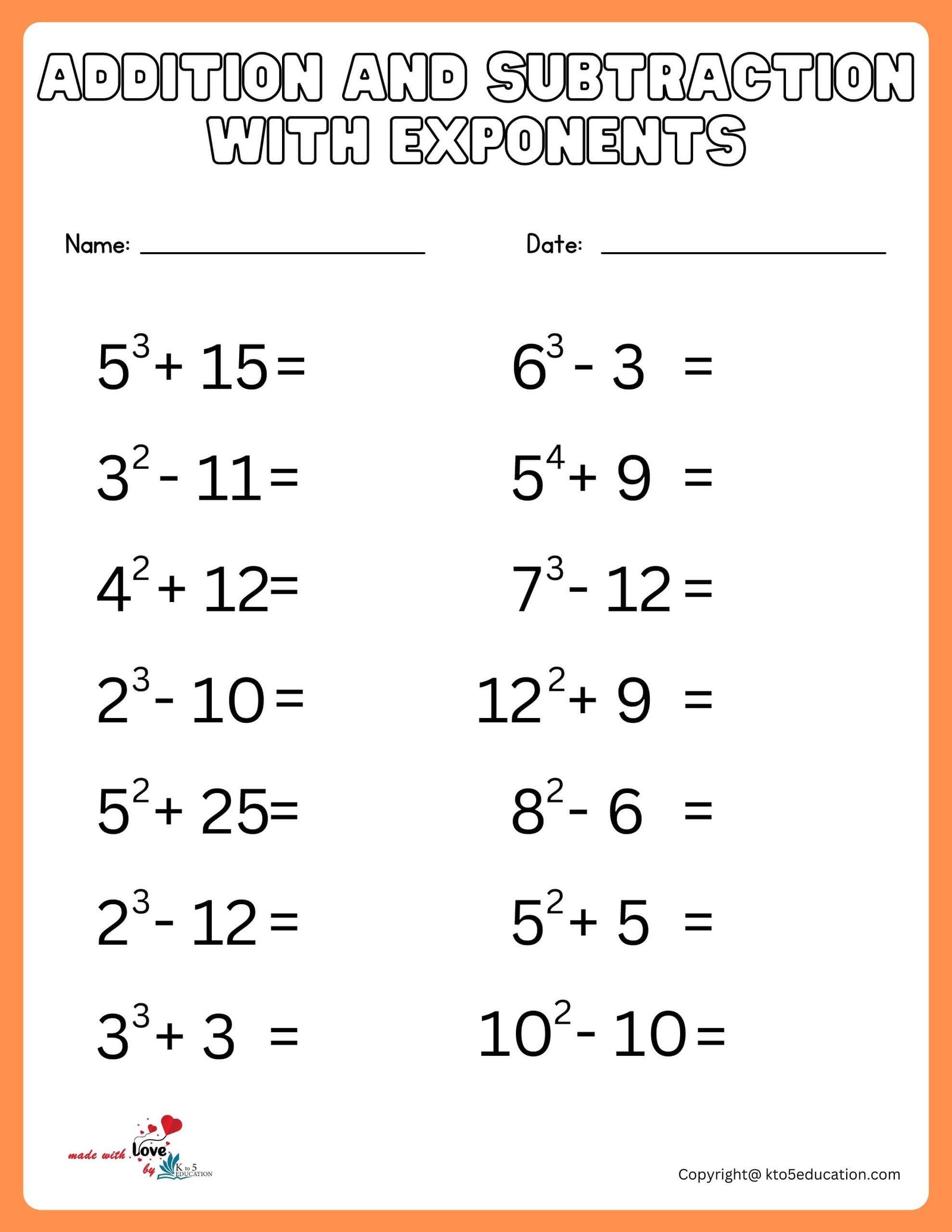 Exponents Worksheet With Mixed Addition And Subtraction For First Grade