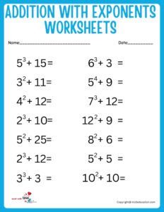 Free Addition With Exponents Worksheet For First Grade