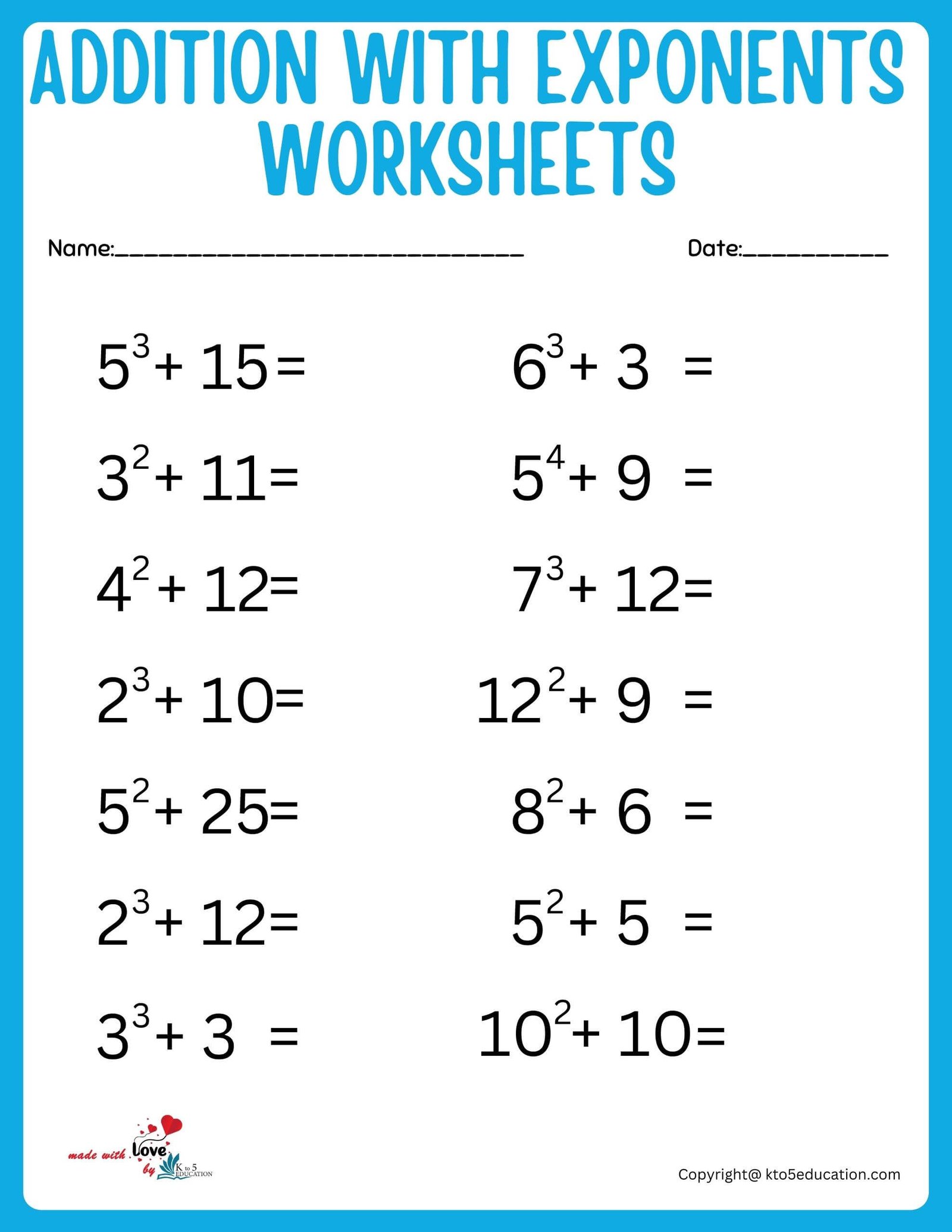 Free Addition With Exponents Worksheet For First Grade