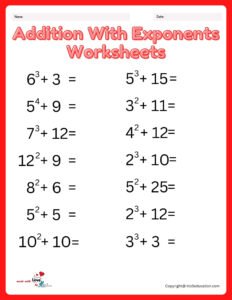 Free Addition With Exponents Worksheet Printable