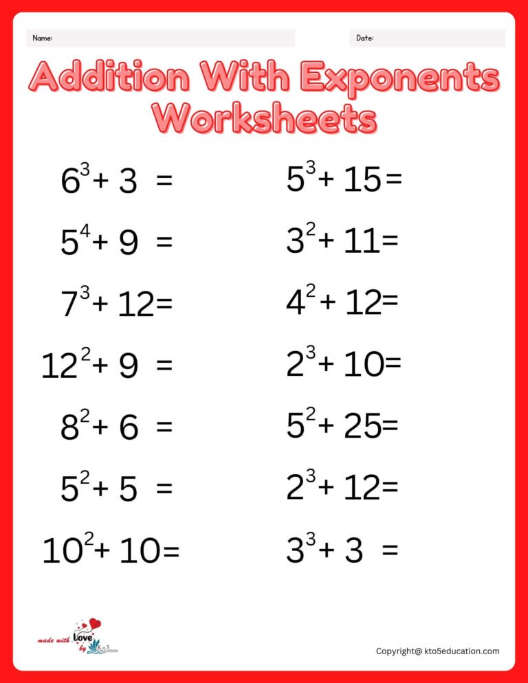 Free Addition With Exponents Worksheet Printable | FREE Download