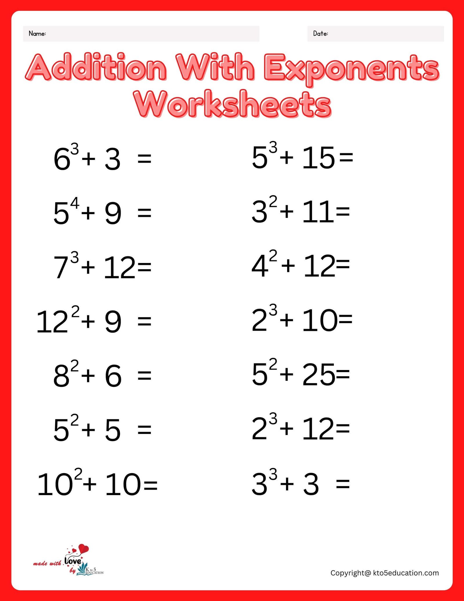 Free Addition With Exponents Worksheet Printable