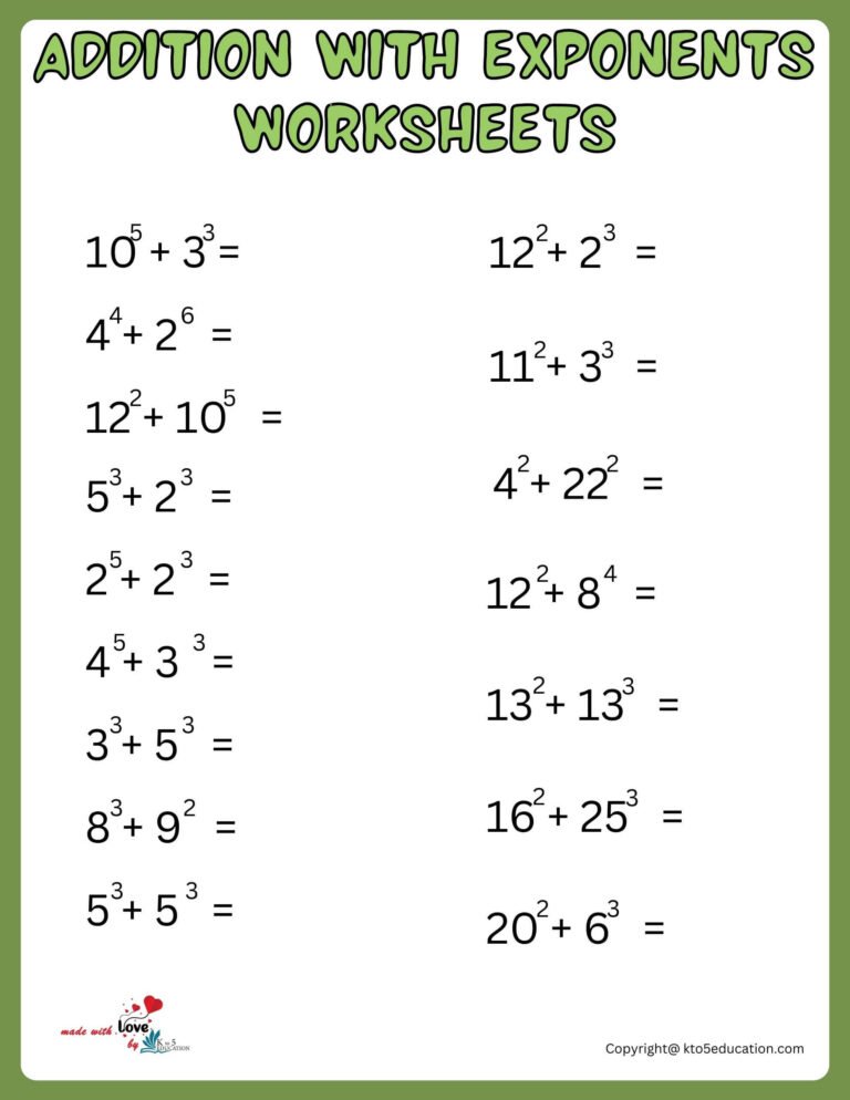 Free Addition With Multiple Exponets Worksheet Printable | FREE Download