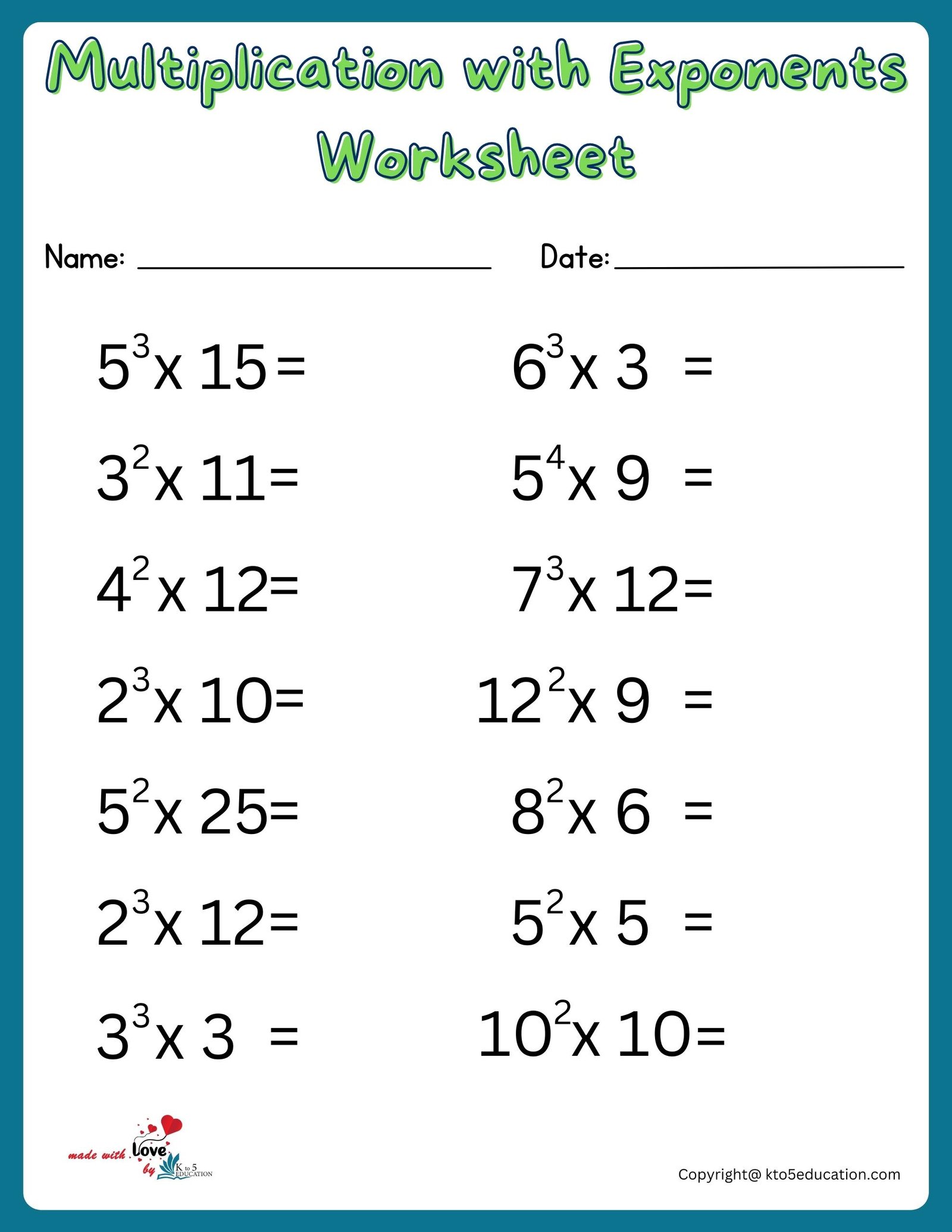 Free Multiplication With Exponents Number Worksheet Printable