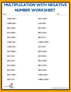 Free Multiplication With Negative Number Worksheet
