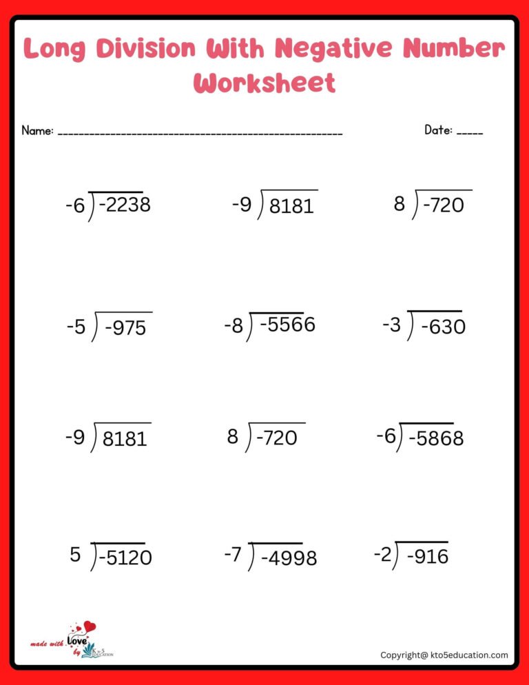 Long Division Math Negative Numbers Worksheet | FREE Download