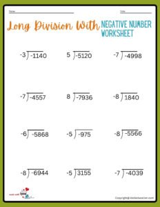 Long Division With Negative Number Practice Worksheet