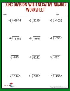 Long Division With Positive And Negative Numbers Worksheet
