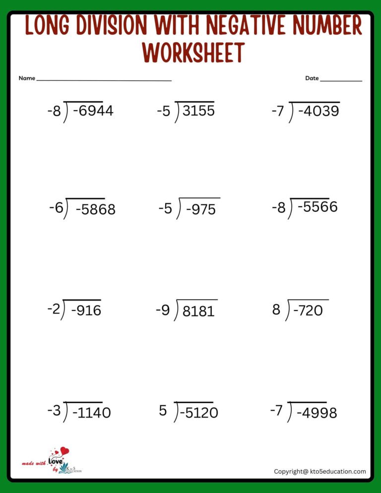 Long Division With Positive And Negative Numbers Worksheet | FREE Download