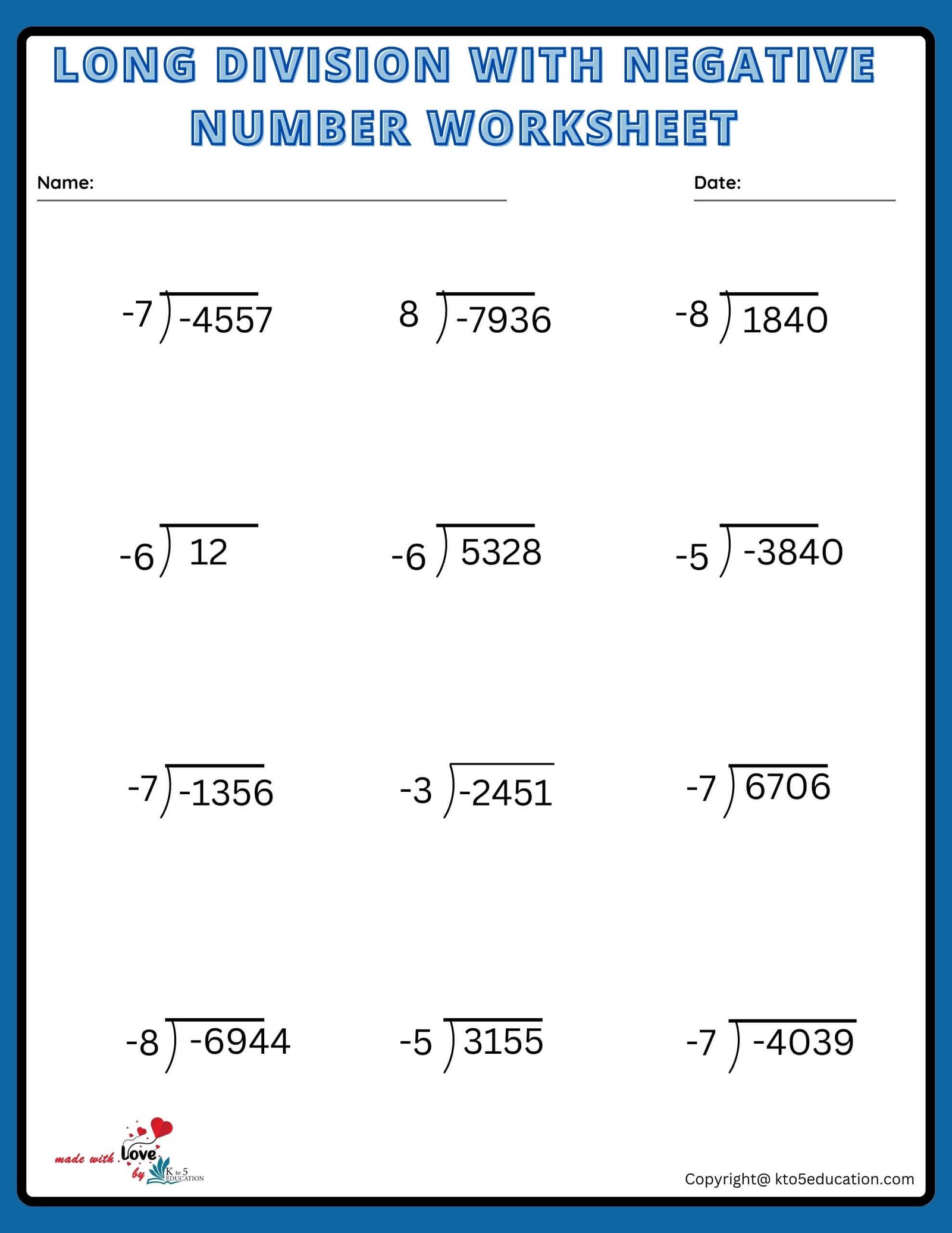 Long Division With Positive Numbers Worksheet