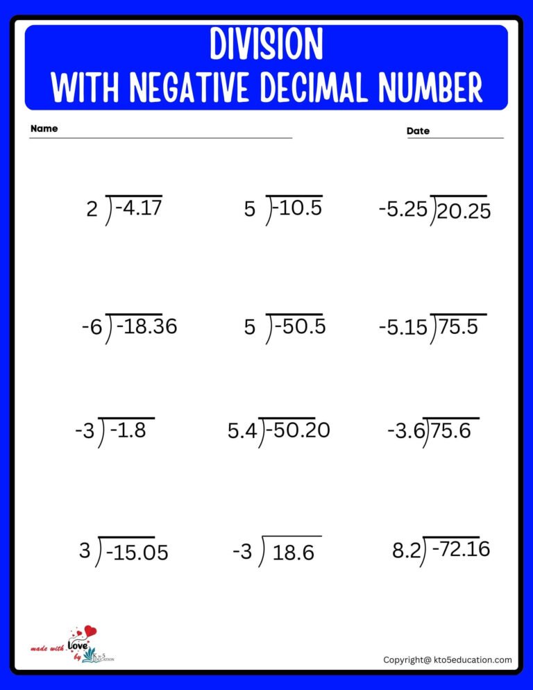 Multi Digit Division With Decimal Negative Number Worksheet