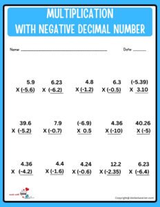 Multi Digit Multiplication With Decimal Negative Number Worksheet