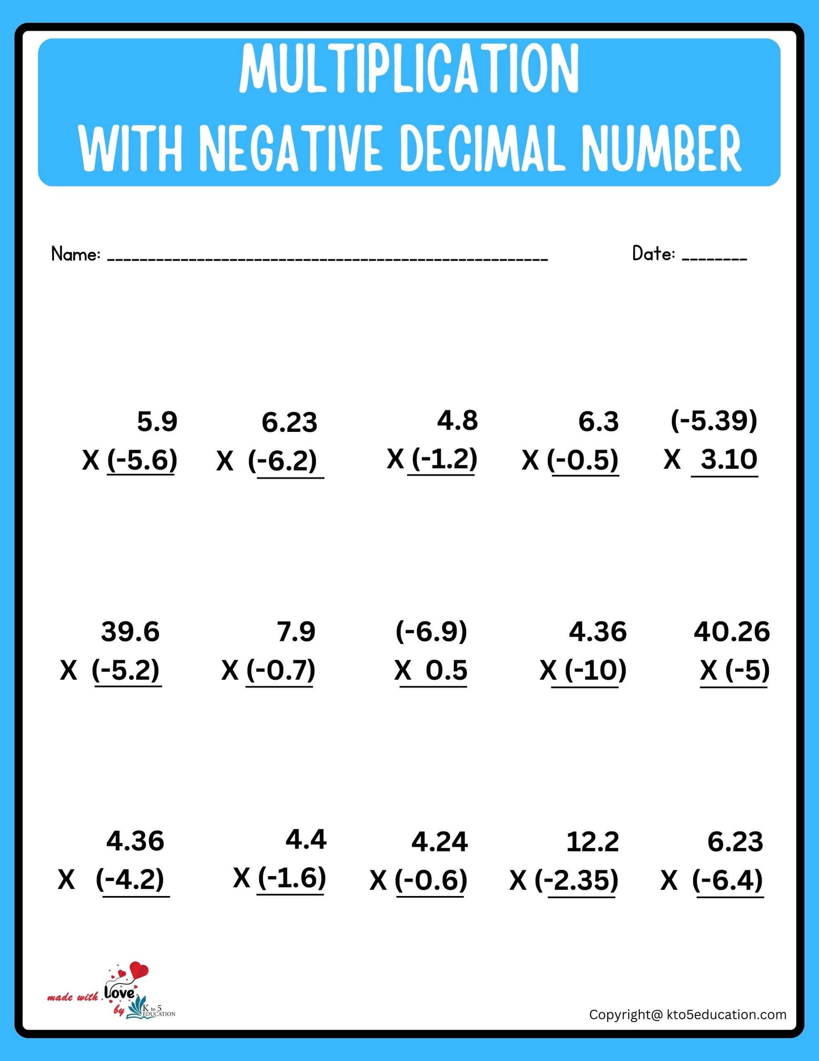 Multi Digit Multiplication With Decimal Negative Number Worksheet
