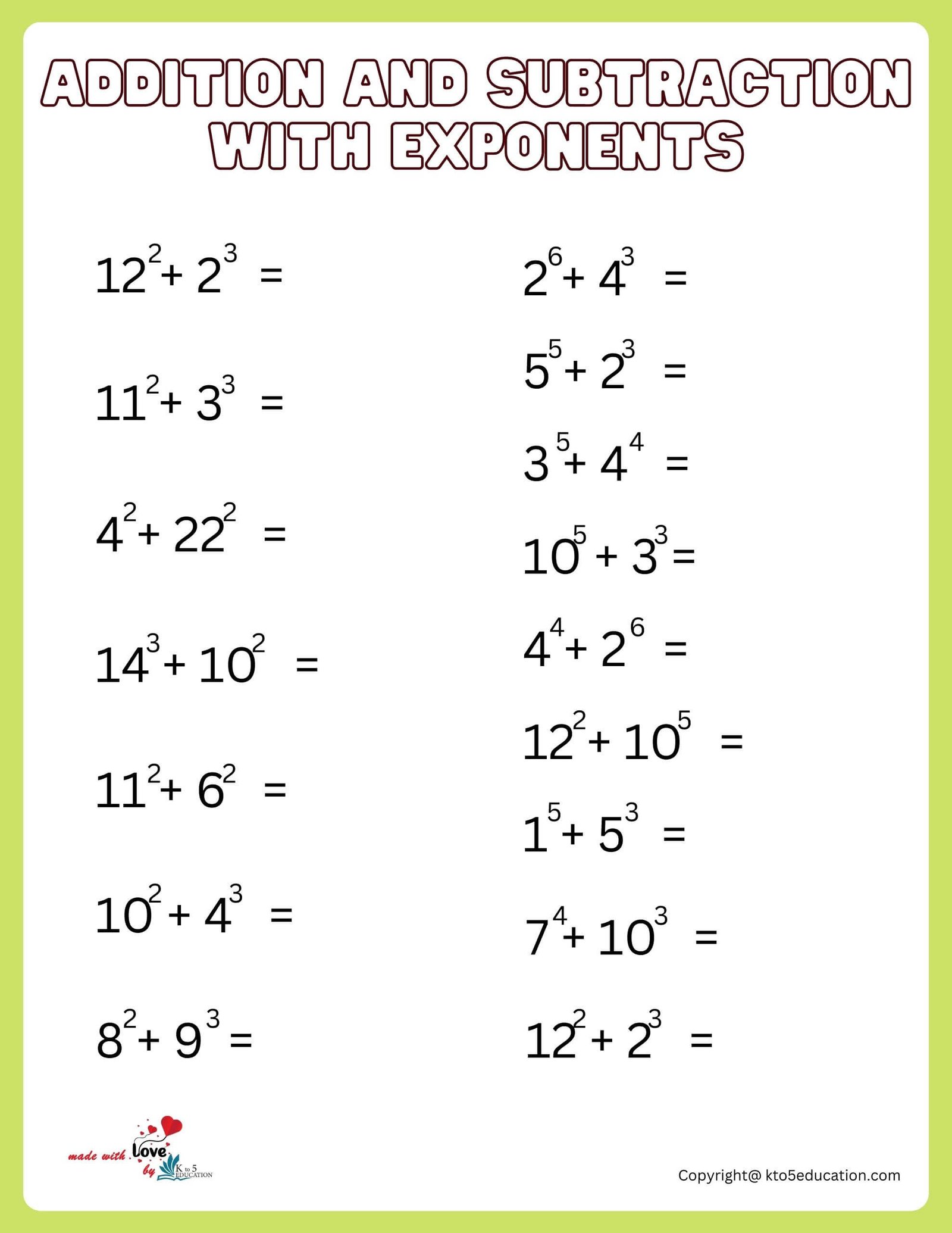 Multi-Exponents Worksheet With Addition And Subtraction For First Grade