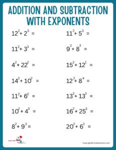 Multi-Exponents Worksheet With Addition And Subtraction For Online Activity