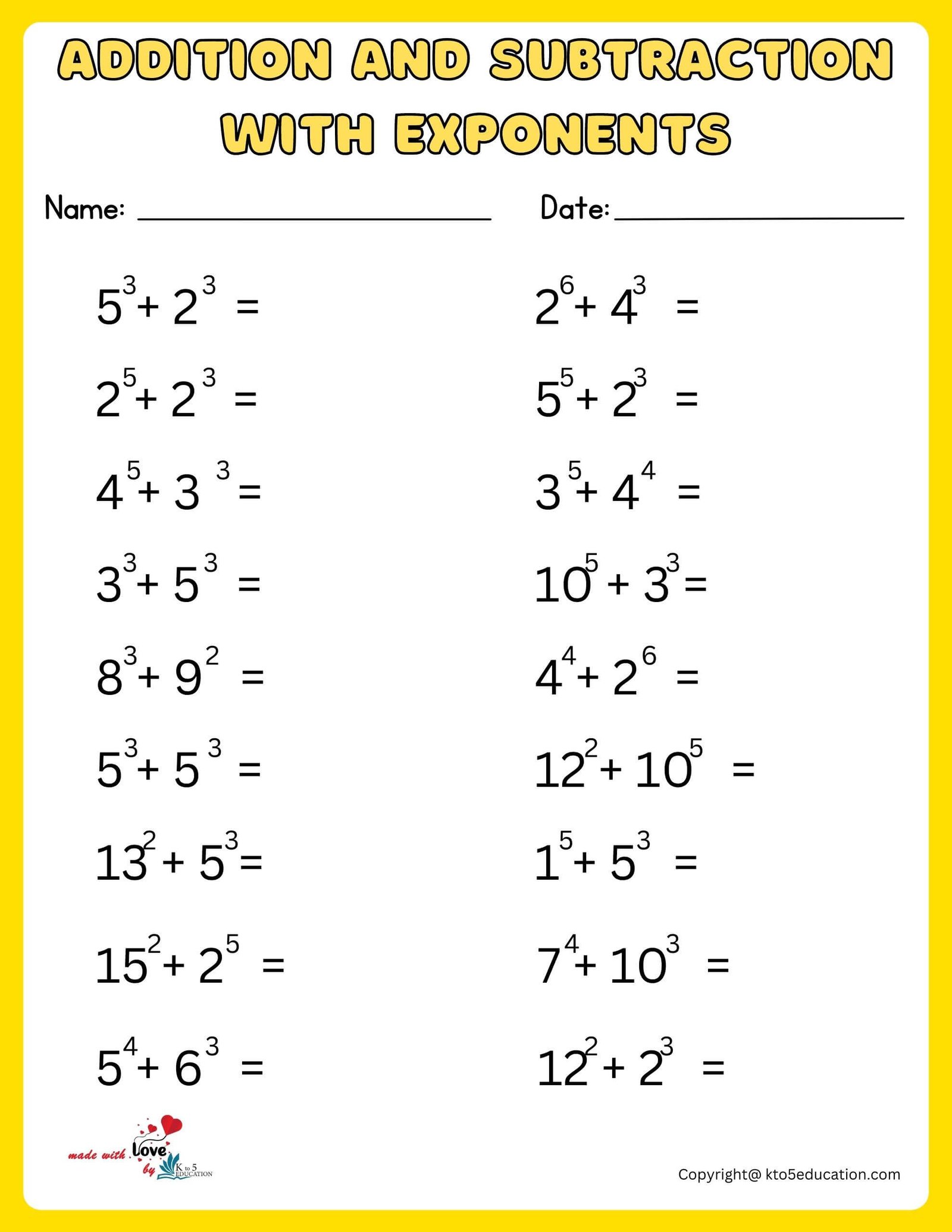 Multi-Exponents Worksheet With Additions And Subtractions