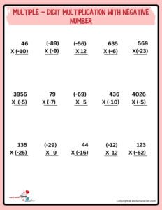 Multiple Digit Multiplication With Negative Number Worksheet