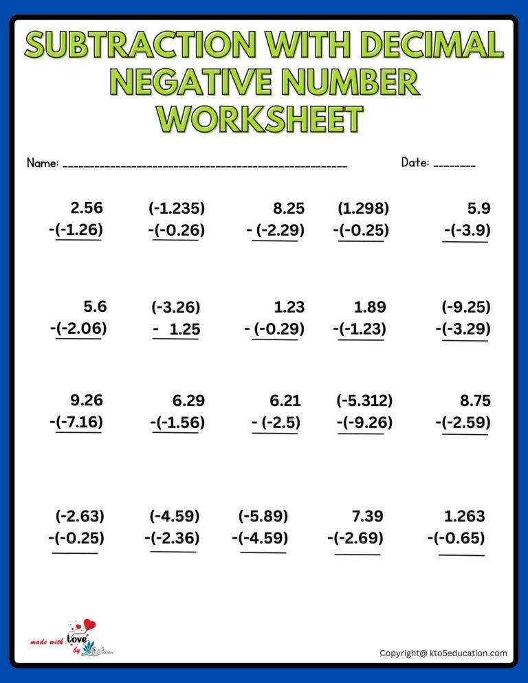 Multiple Digit Subtraction With Decimal Number Worksheet | FREE Download