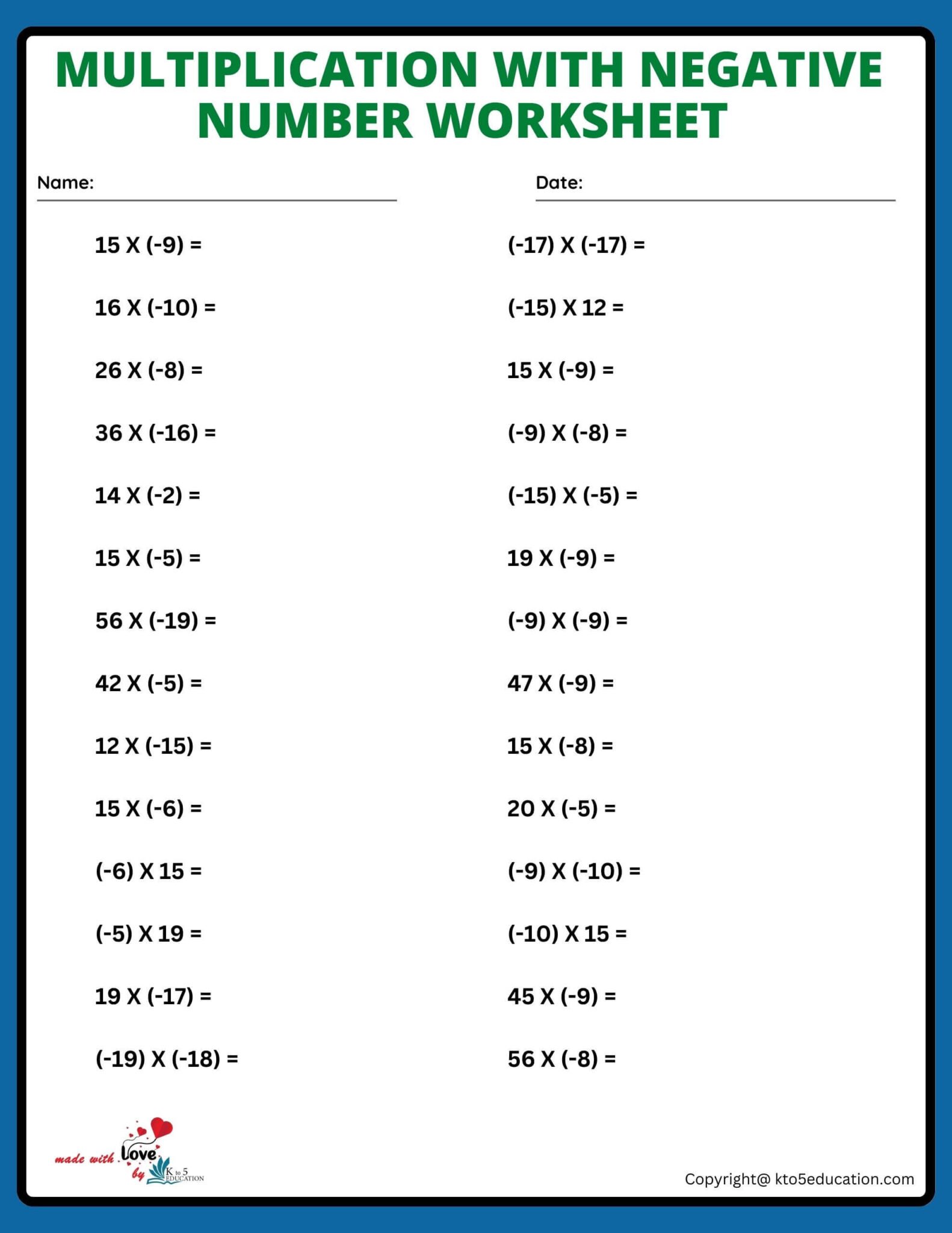 Multiplication With Negative Numbers Worksheet