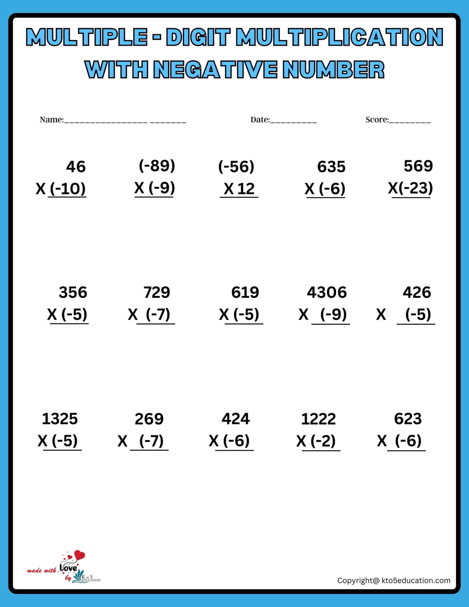 Multiplication Of Negative Numbers Worksheet FREE