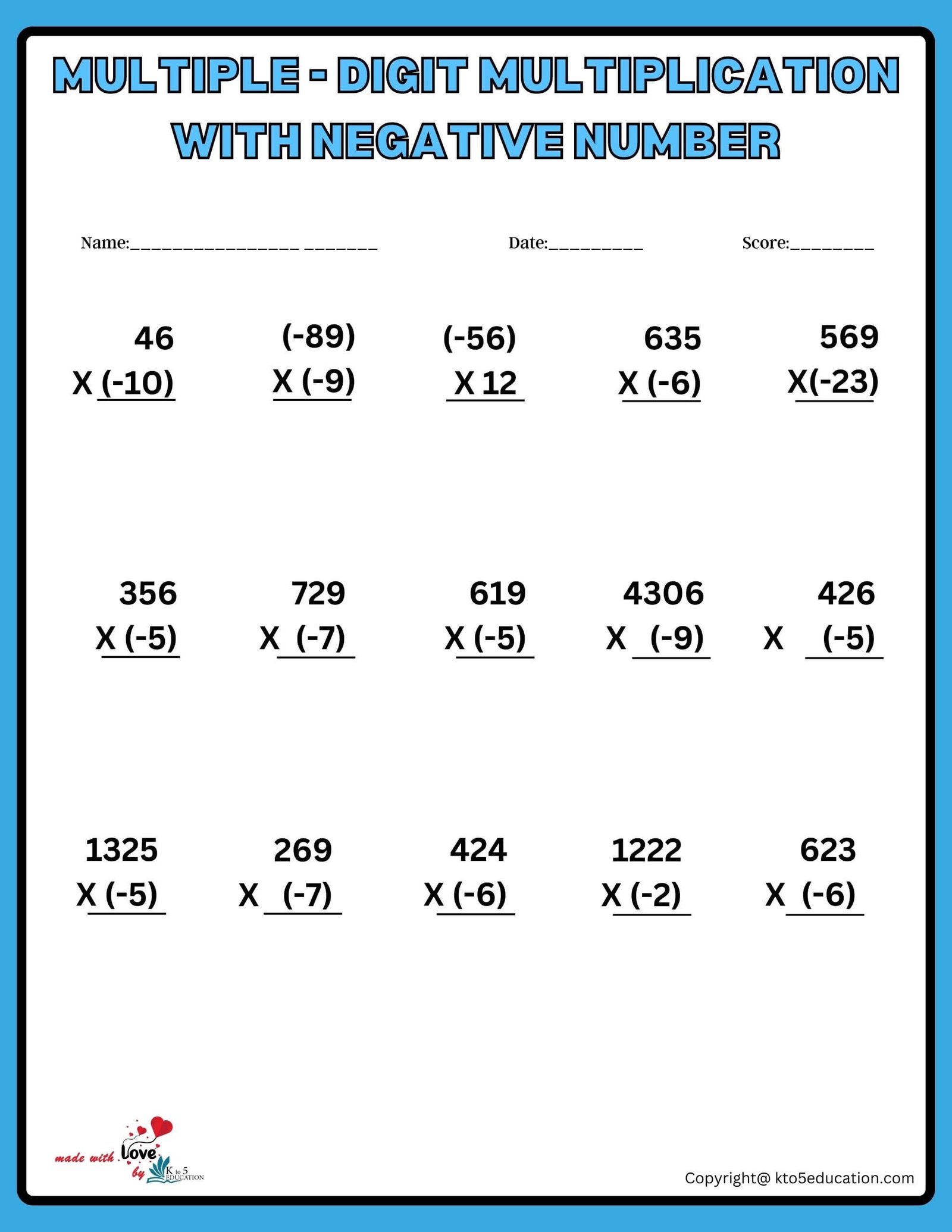 Multiplication Of Negative Numbers Worksheet
