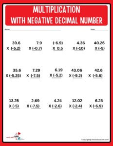 Multiplication With Decimals Problems Worksheet