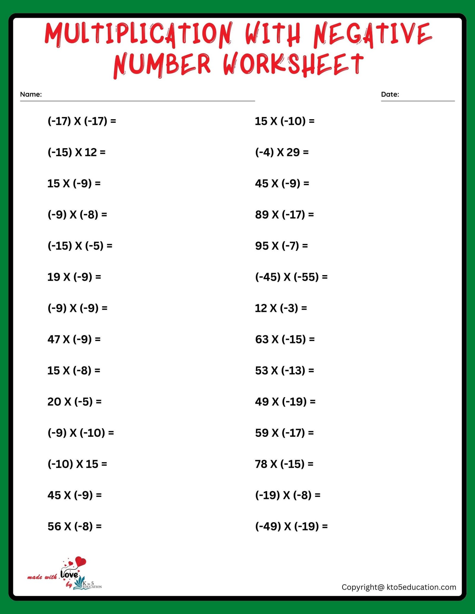 Multiplication With Negative Number Practice Worksheet
