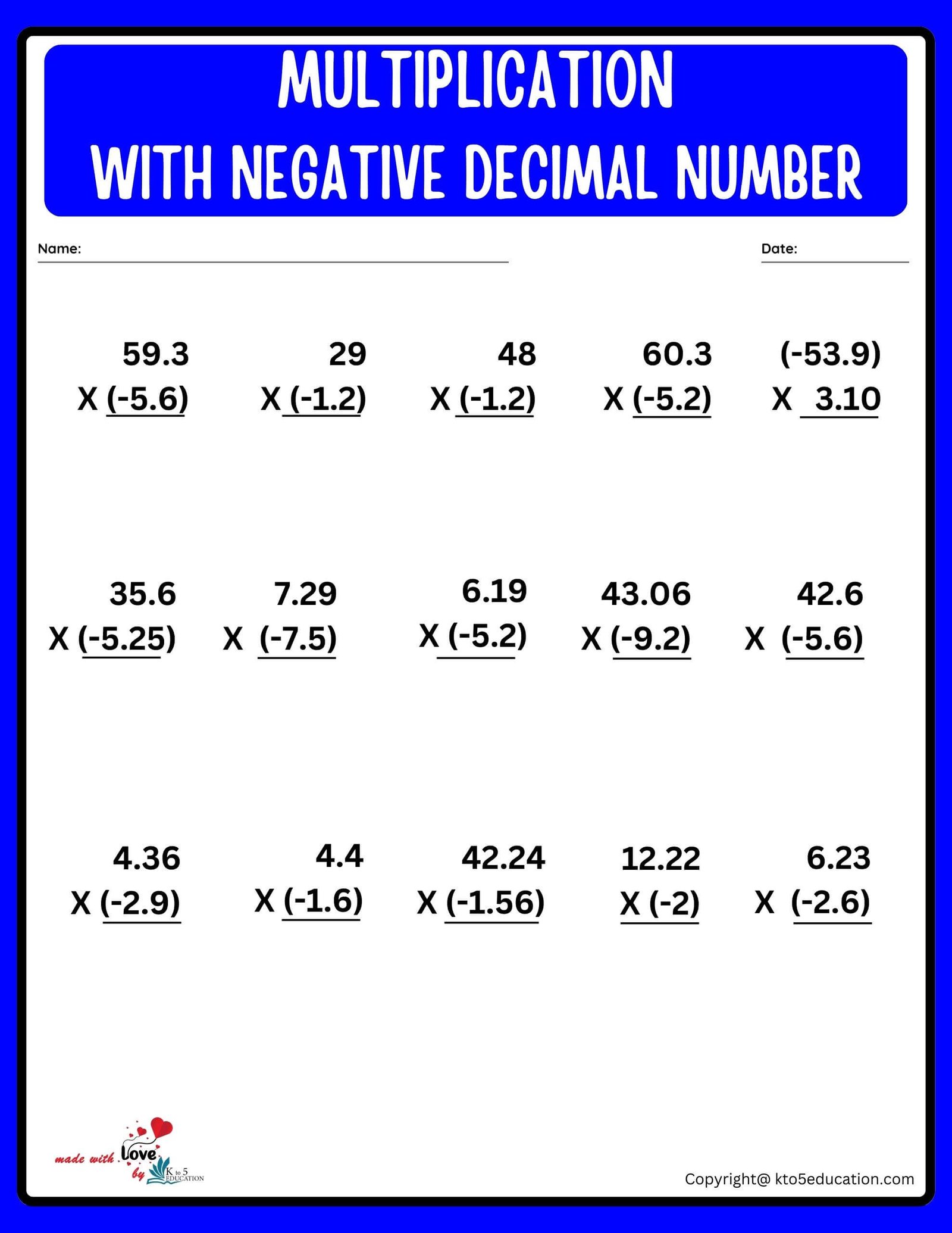 Multiplication With Positive And Negative Numbers Worksheet