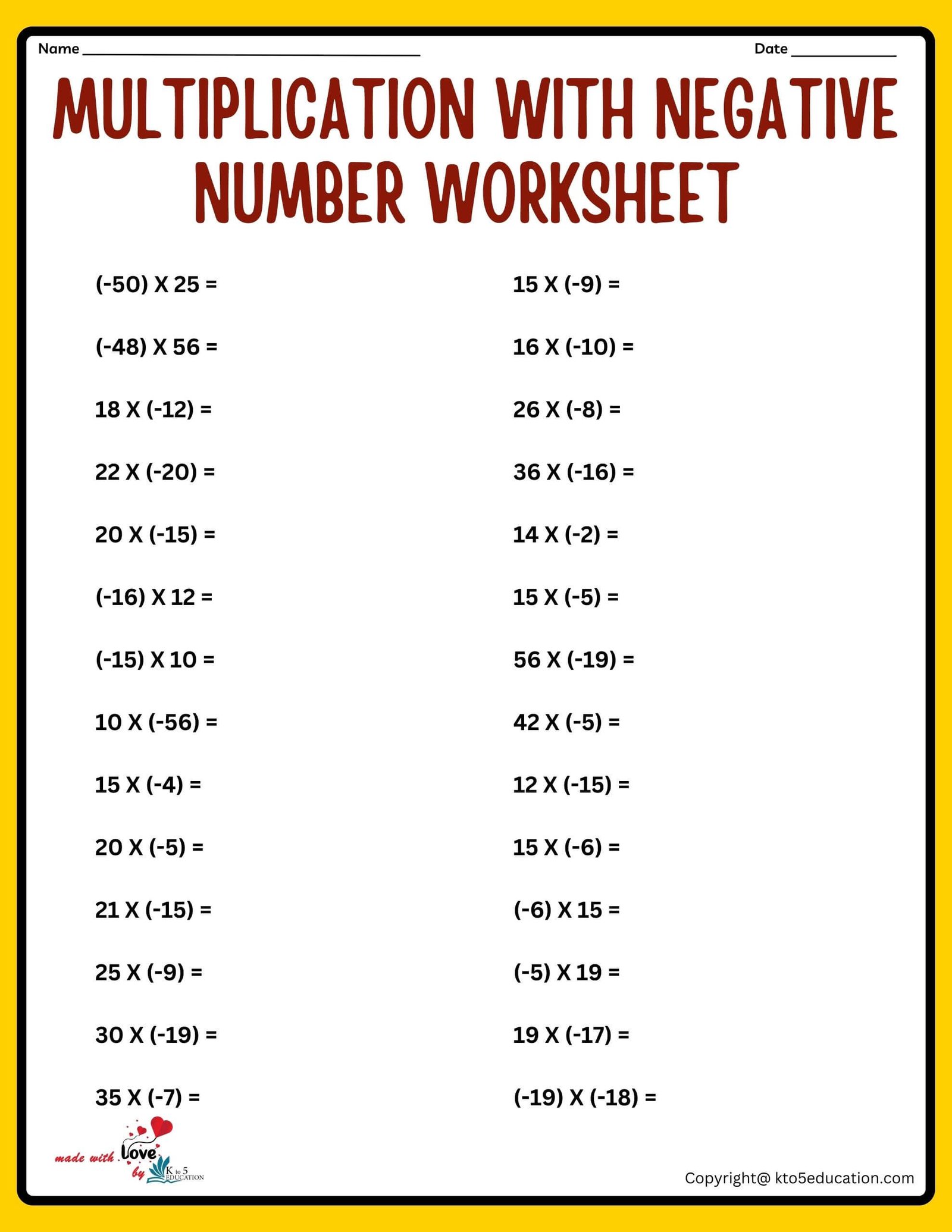 Multiplying Negative Numbers Worksheet