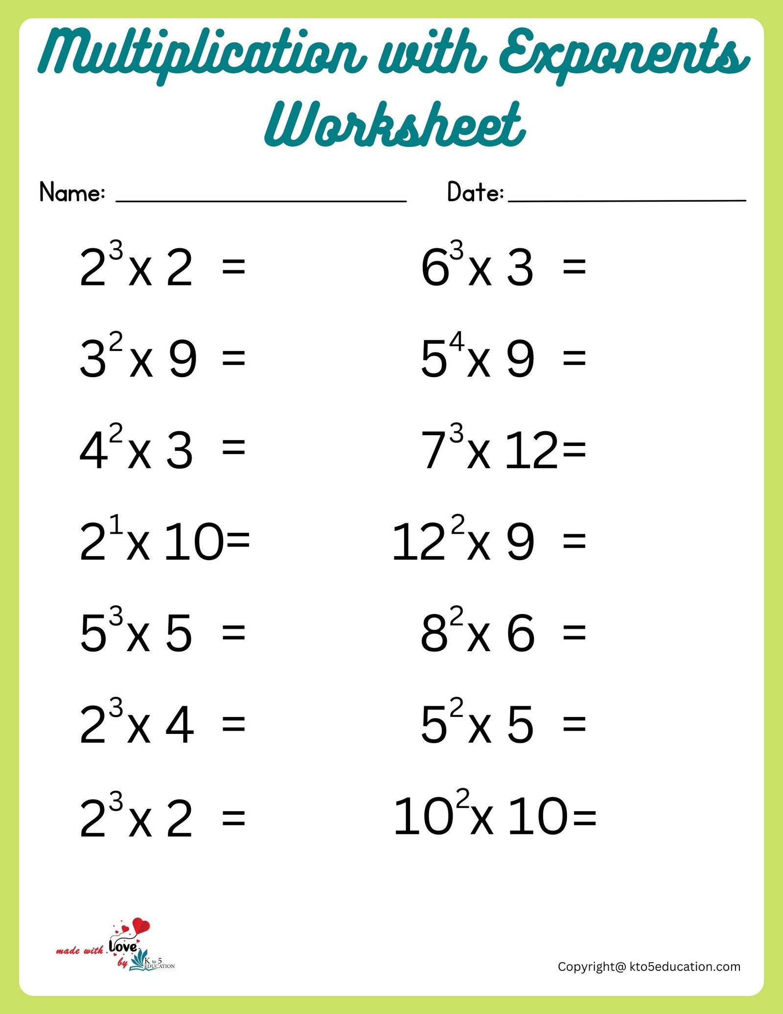 Multiplying With Exponents Worksheet Fot Online Activity