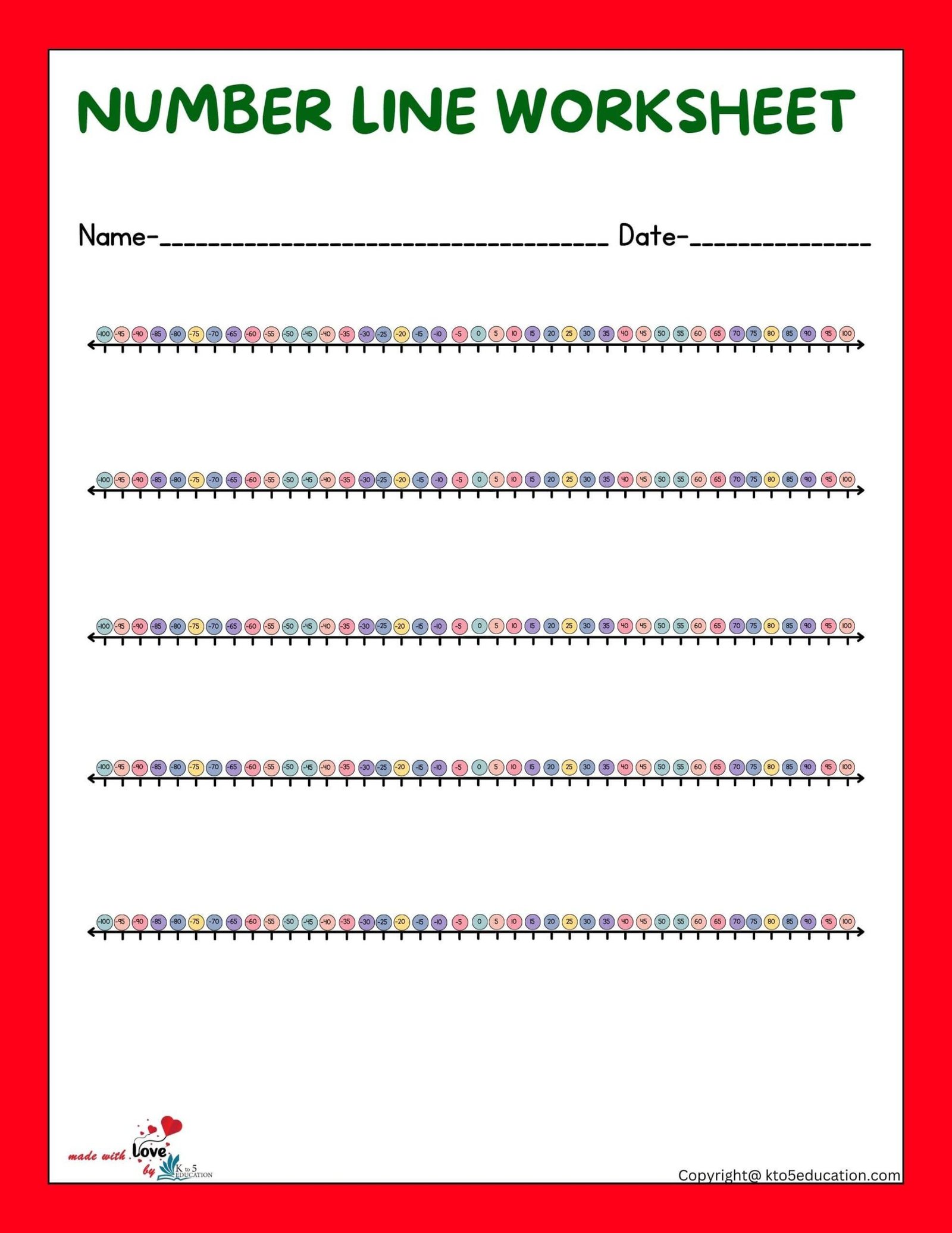 Negative Number Line Practice Worksheets 1100 FREE