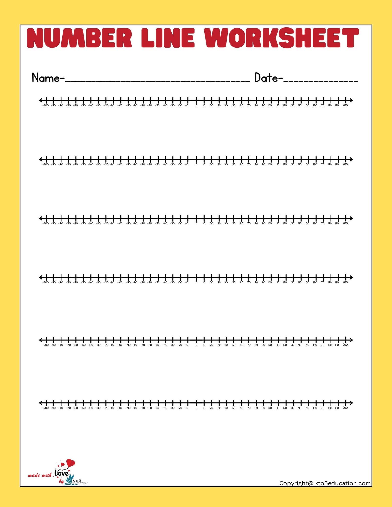 Negative Number Line Printable Worksheets 1-200