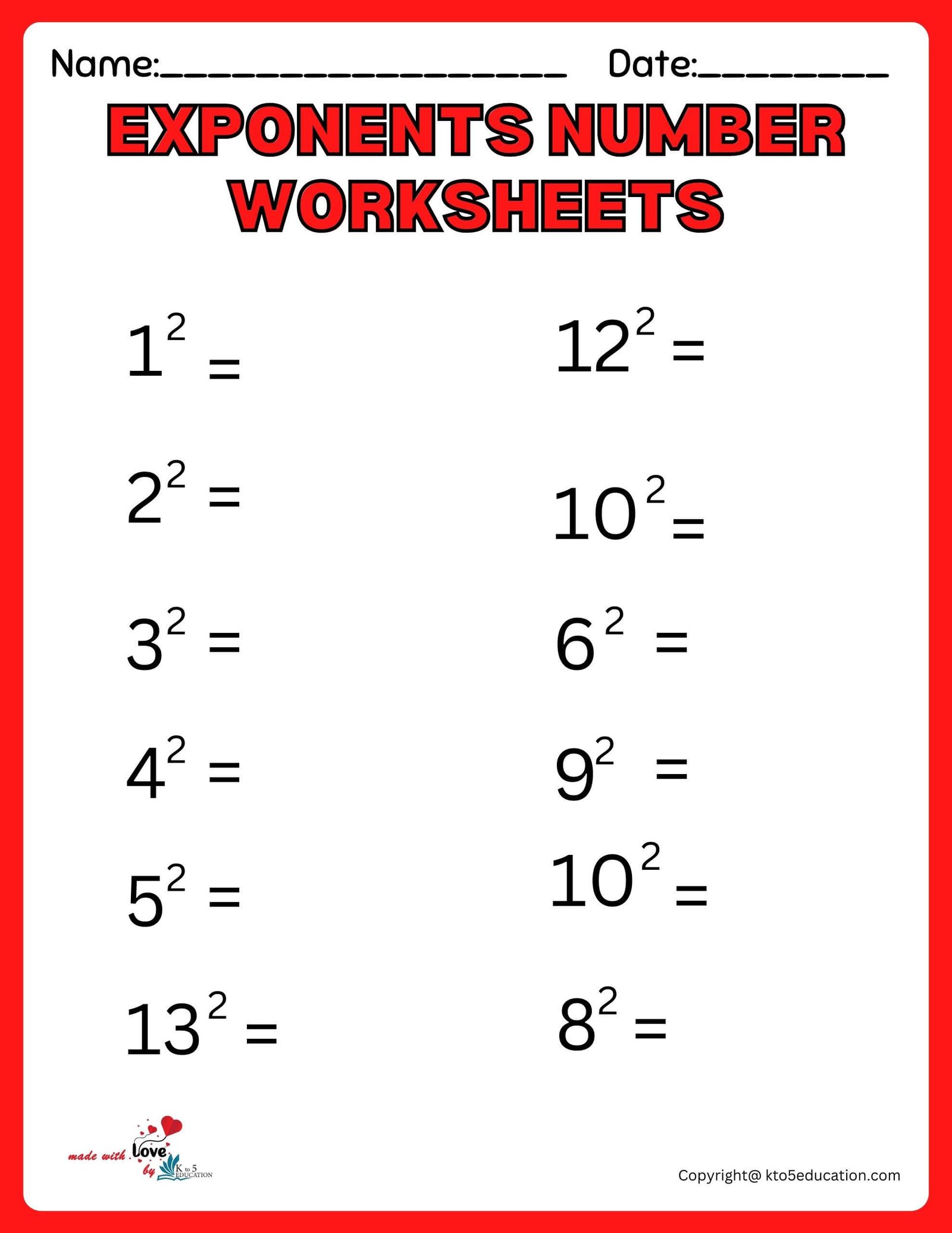 Numbers to the Second Power Exponents Worksheet