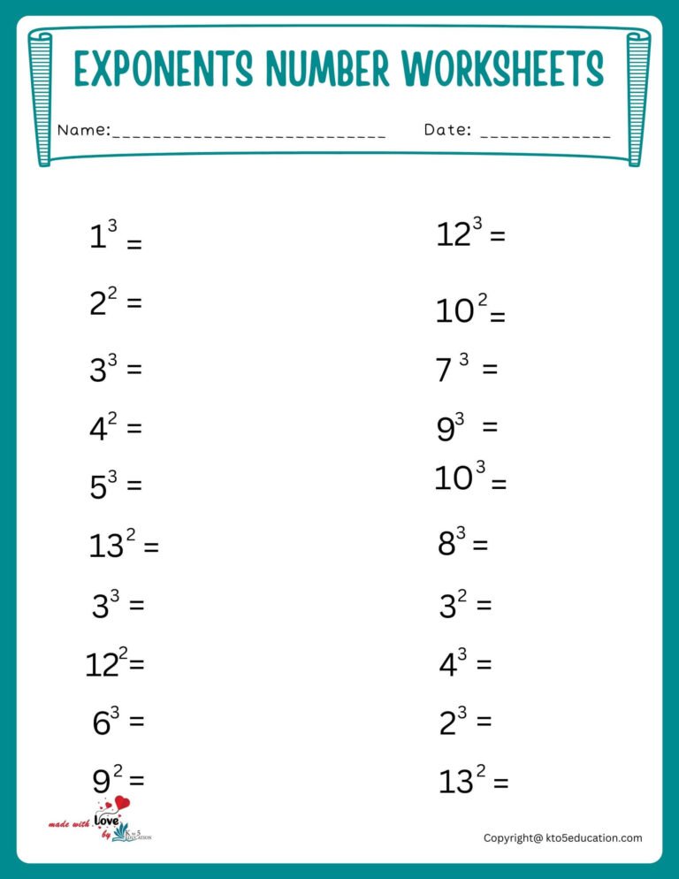 Numbers to the Second and Third Power Exponents Worksheet | FREE Download