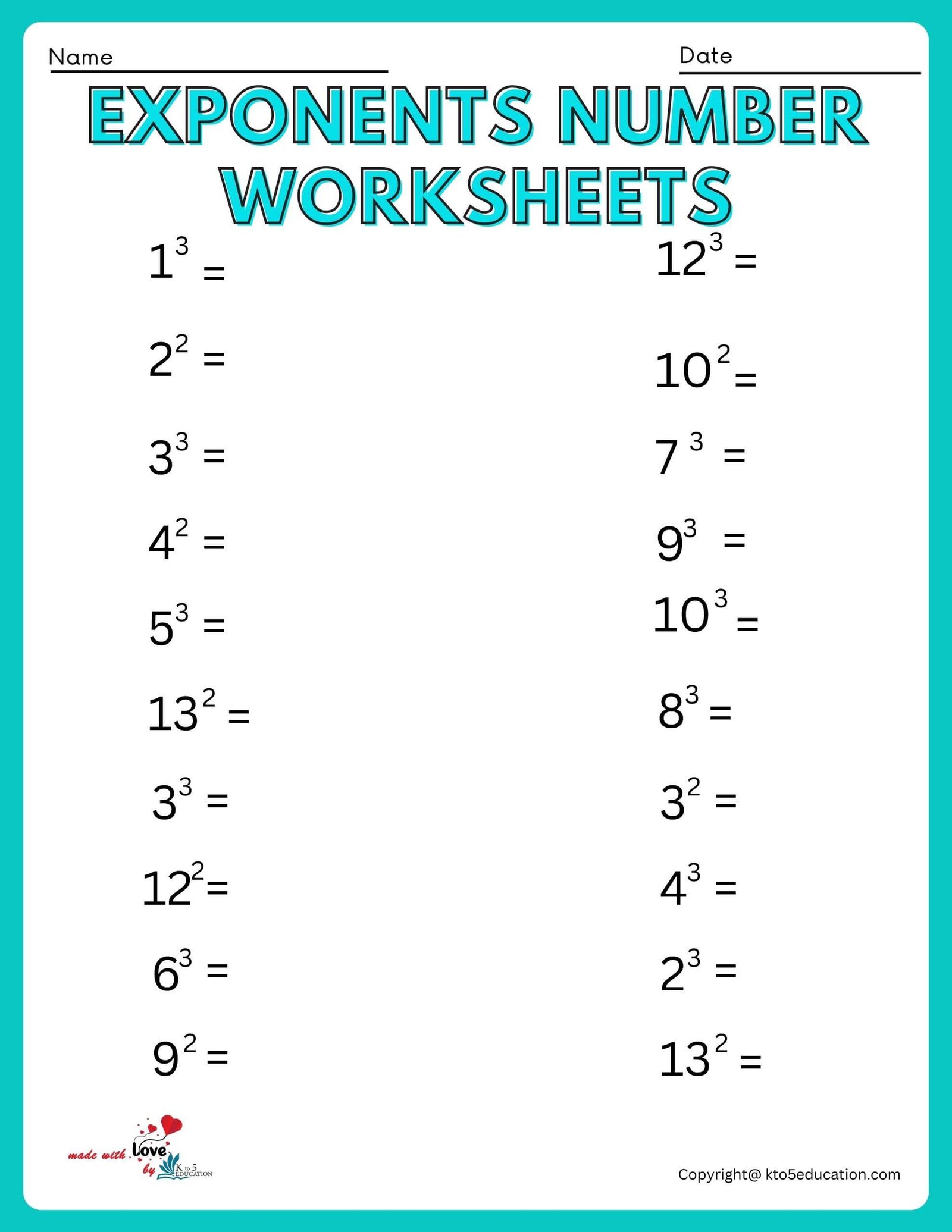 Numbers to the Second and Third Power Exponents Worksheet For 1st Grade
