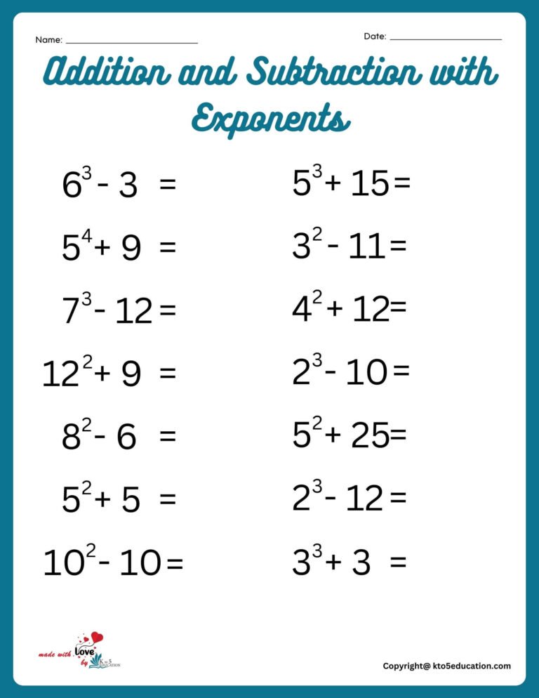 Online Exponents Worksheet With Mixed Addition And Subtraction | FREE Download