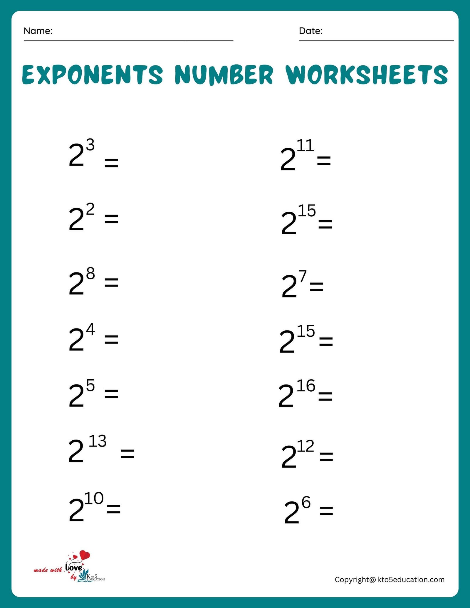 Power Of Two Exponents Worksheet