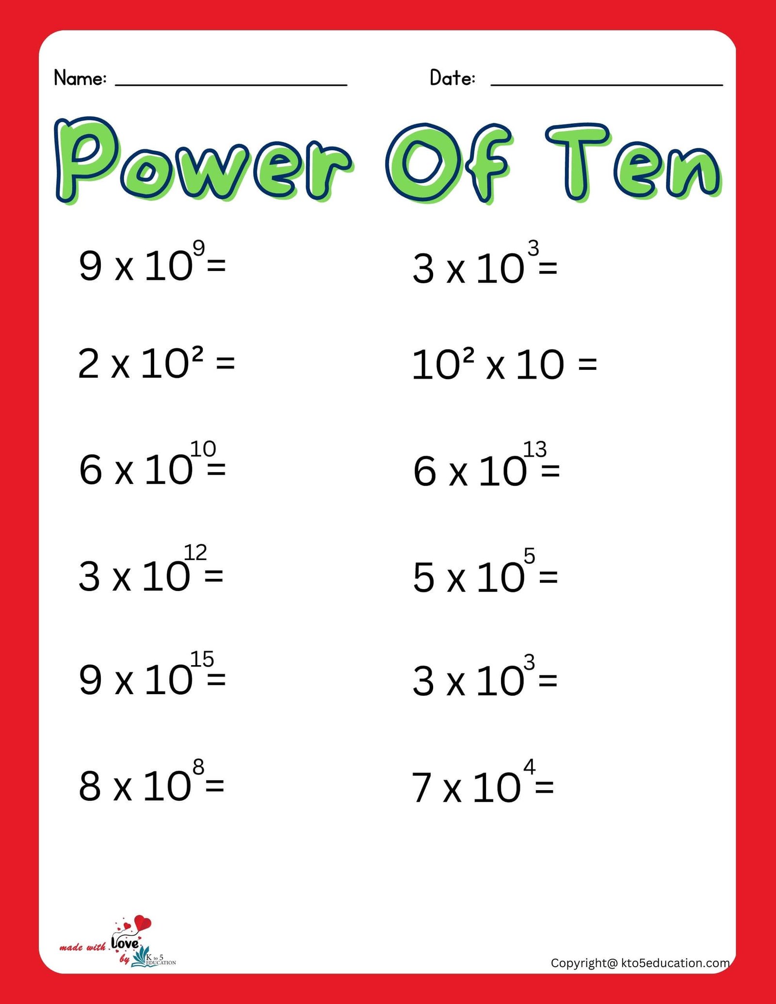 Printable Scientific Notation Of power Of Ten Worksheet