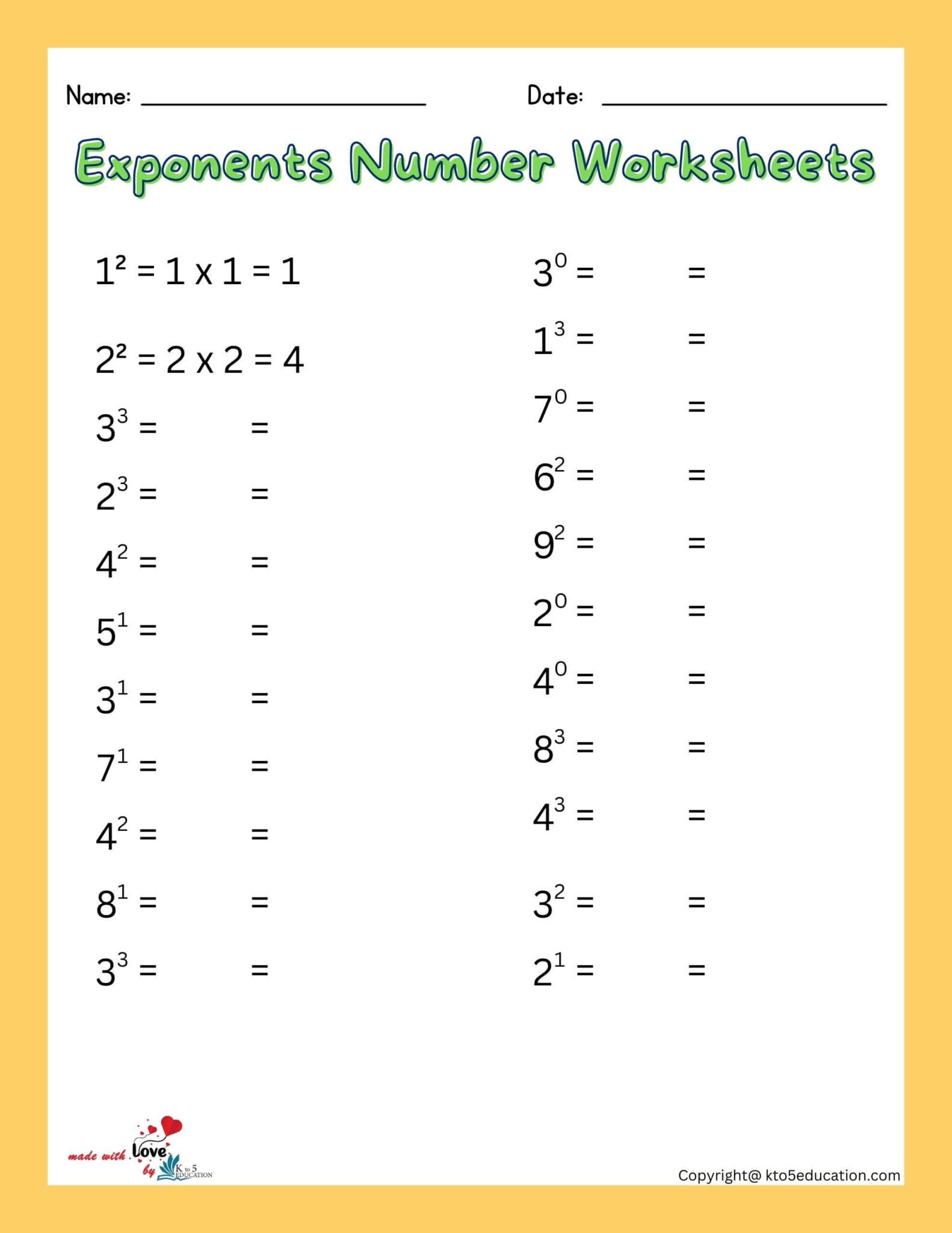 Simple Exponents Worksheet For Practice FREE Download