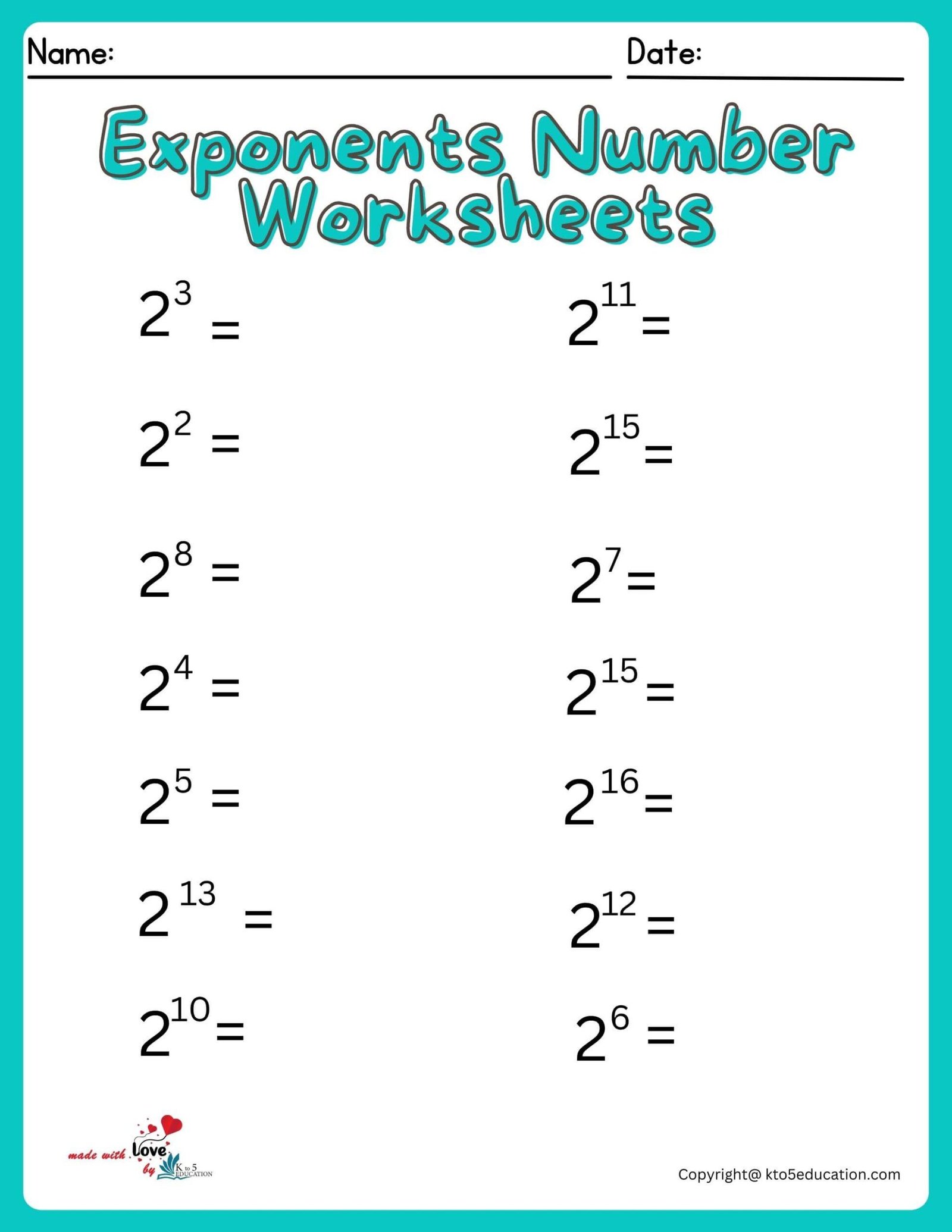 Simple Exponents Worksheet Power Of Two FREE Download